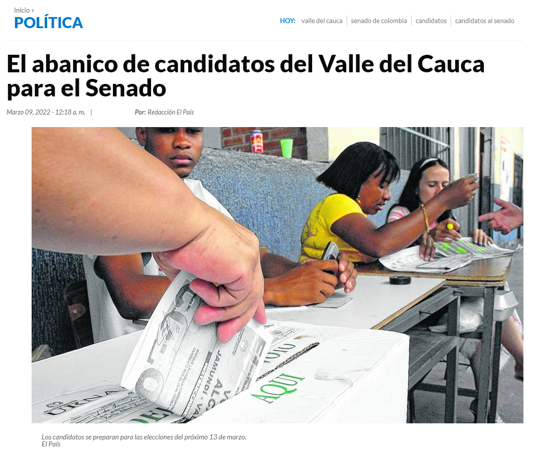 El Abanico de Candidatos del Valle del Cauca para el Senado. Fuente: ElPais.com.co  03/09/2022
