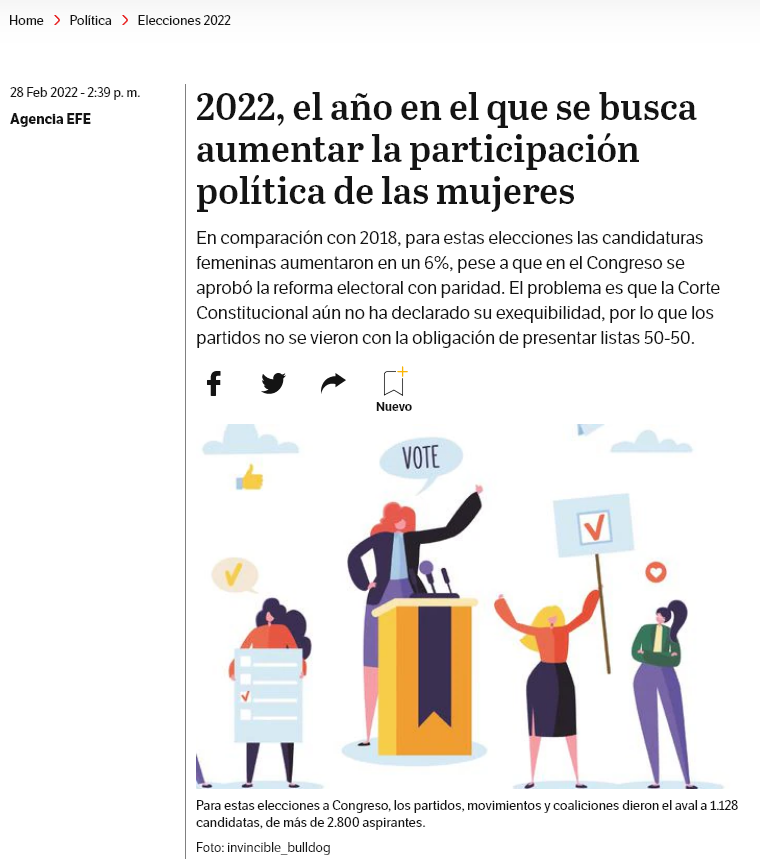 2022, el año en el que se busca aumentar la participación política de las mujeres - Fuente: EFE - ElEspectador.com 02/28/2022